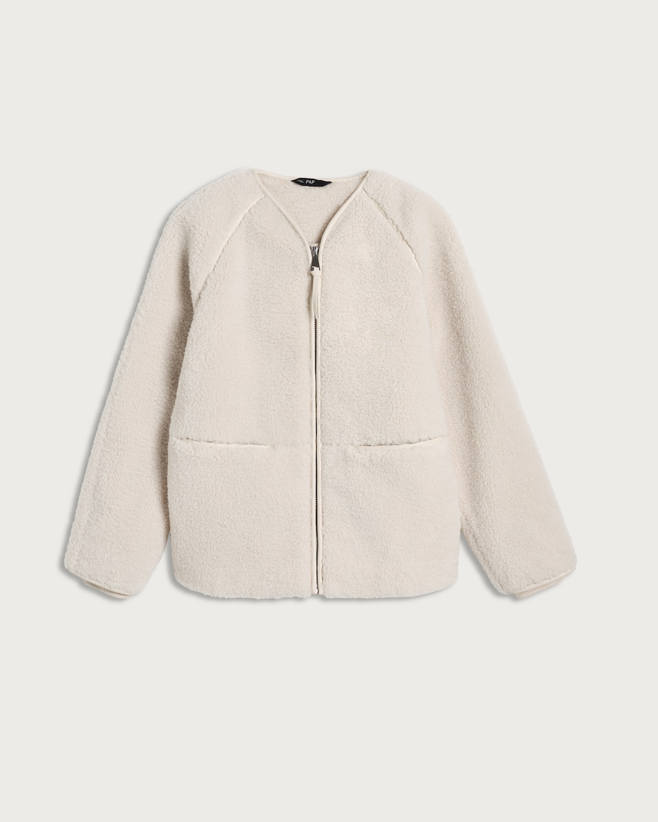 image 1 of F&F Borg Zip Up Collarless Jacket in Cream
