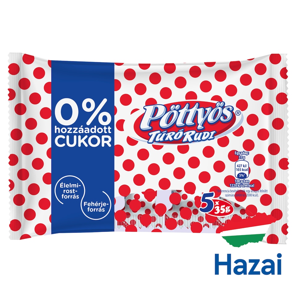 Pöttyös Túró Rudi desszertkészítmény kakaós étbevonattal, hozzáadott cukor nélkül 5 x 35 g (175 g)