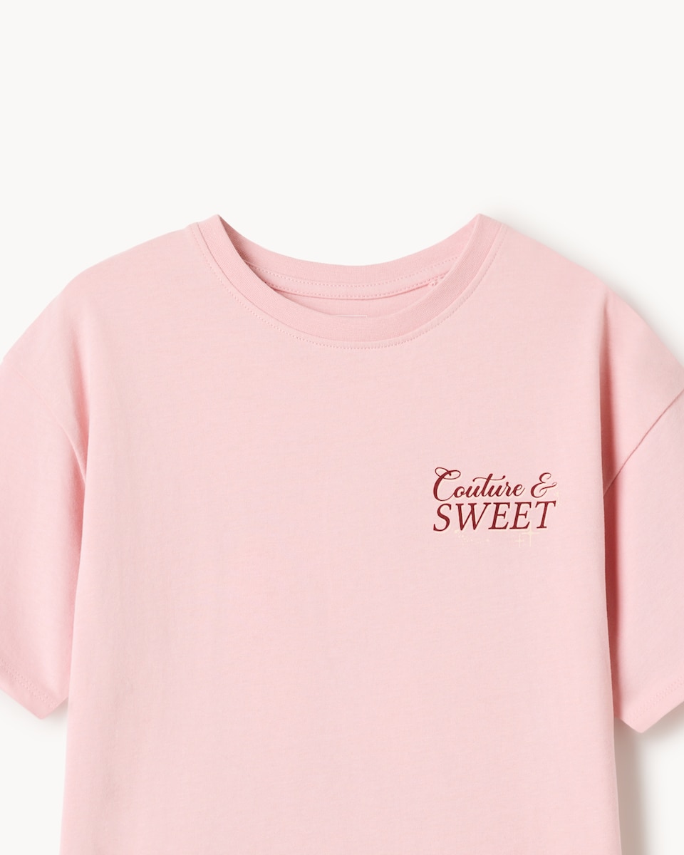 image 1 of F&F Girls Pure Cotton Slogan T-Shirt in Pink