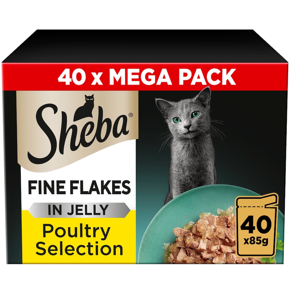 image 1 of Sheba Fine Flakes Wet Cat Food Pouches Poultry in Jelly 40x85g