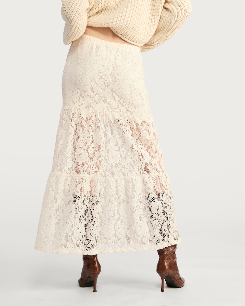 image 1 of F&F Tiered Lace Midi Skirt in Cream
