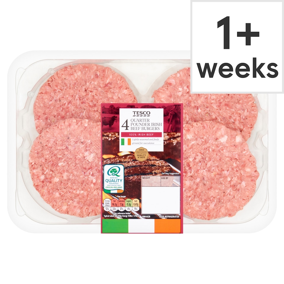 Tesco 4 Quarter Pounder Irish Beef Burgers 454G