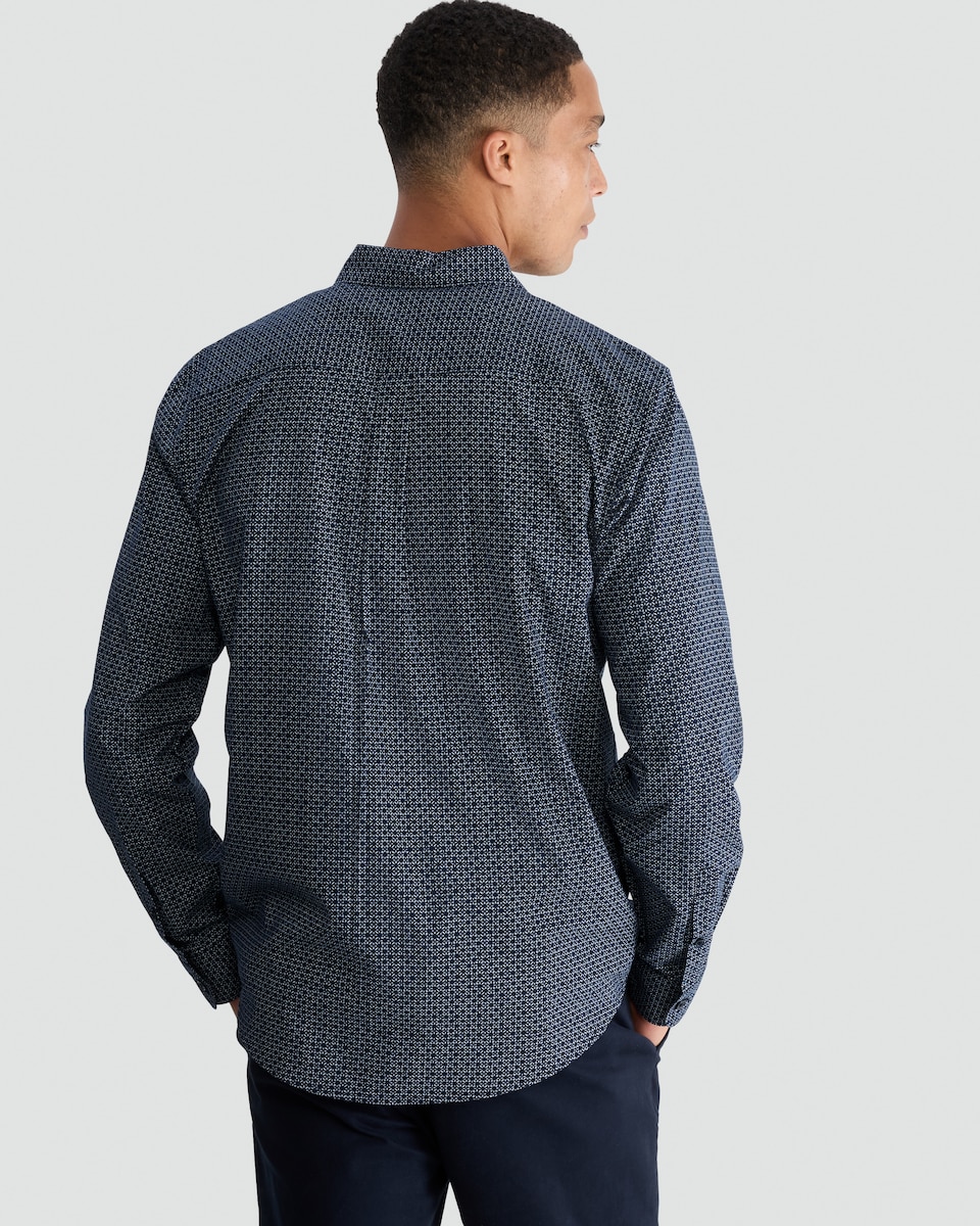 image 1 of F&F Cotton Rich Geometric Print Long Sleeved Shirt in Navy