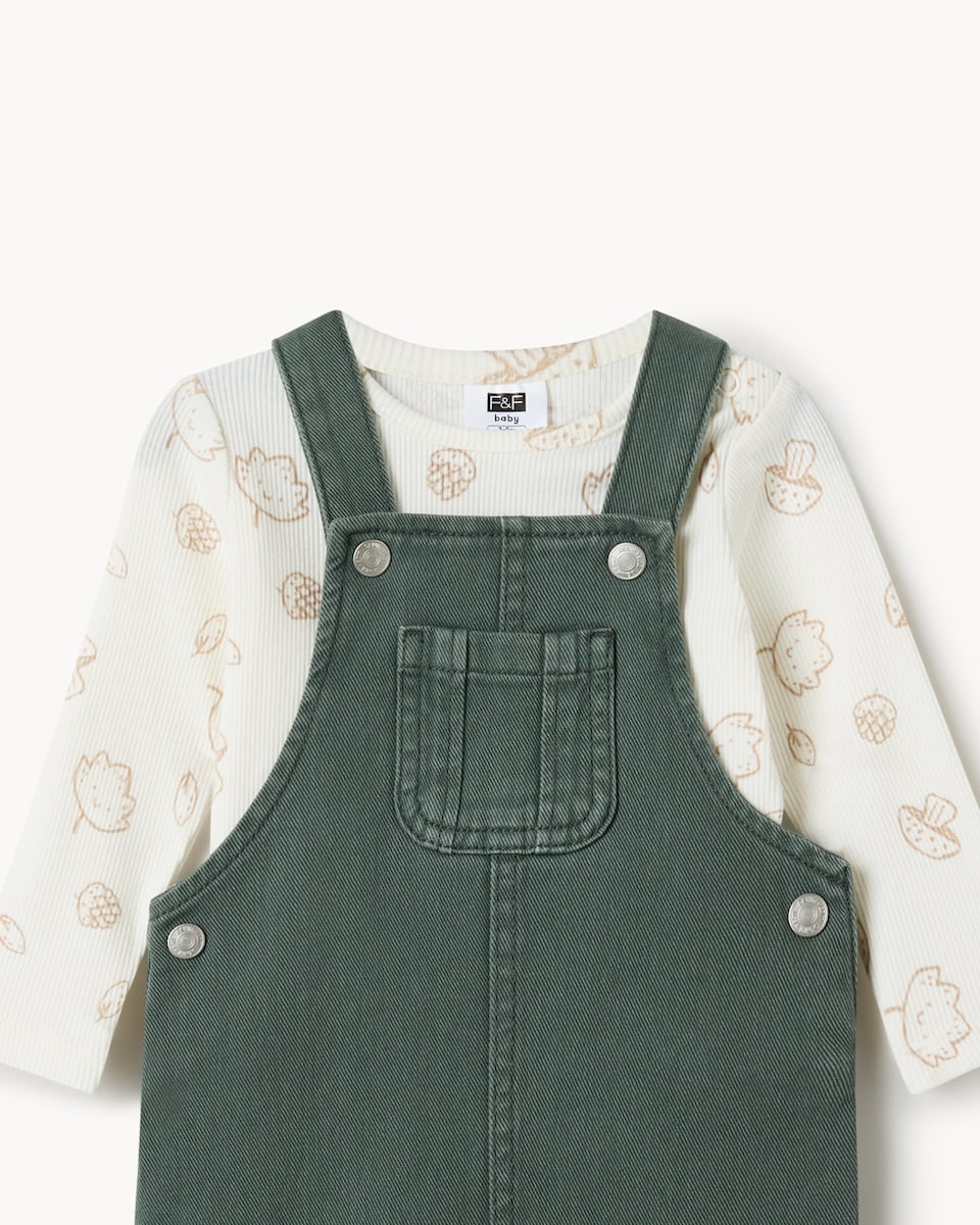 image 1 of F&F Baby Cotton Rich Dungarees and Bodysuit Set in Green