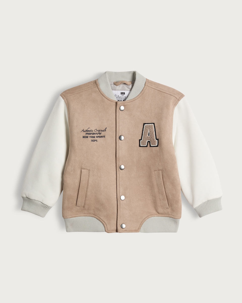 image 1 of F&F Boys Faux Suede Aesthetic Originals Varsity Jacket in Stone