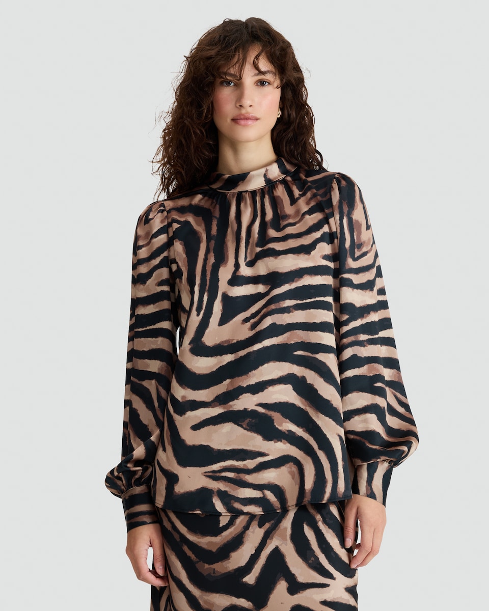 image 1 of F&F Satin Zebra Print Tie Neck Blouse in Multi Brown
