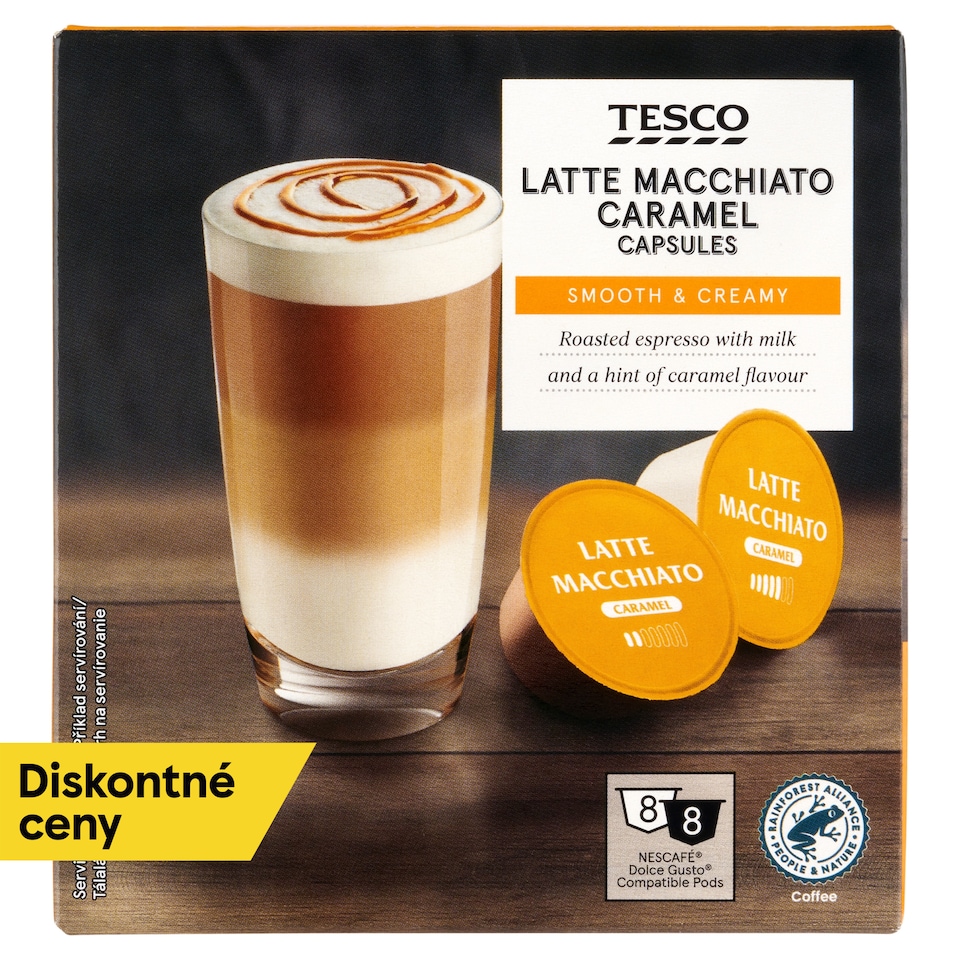 Tesco Latte Macchiato pražená mletá káva a sušené plnotučné mlieko 8 x 5 g + 8 x 13,2 g (145,6 g)