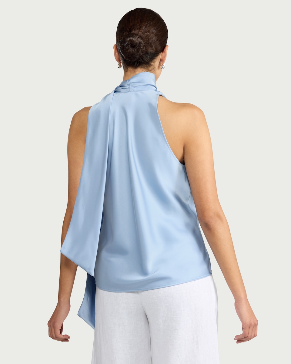 image 1 of F&F Satin Cowl Scarf Neck Blouse in Blue