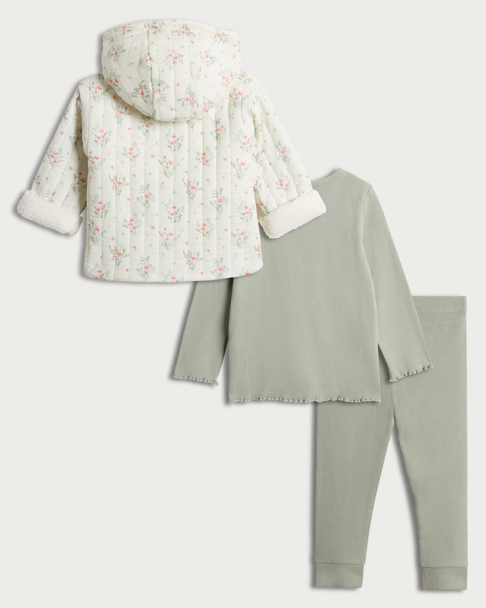 image 1 of F&F Baby 3-Piece Quilted Jacket, Ribbed Top and Leggings Set in Cream