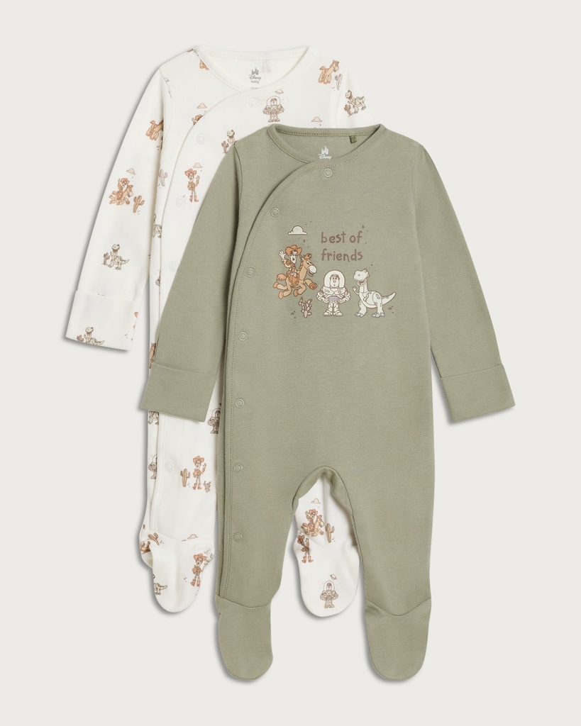 Disney Toy Story 2-Pack Pure Cotton Long Sleeved Sleepsuits in Green