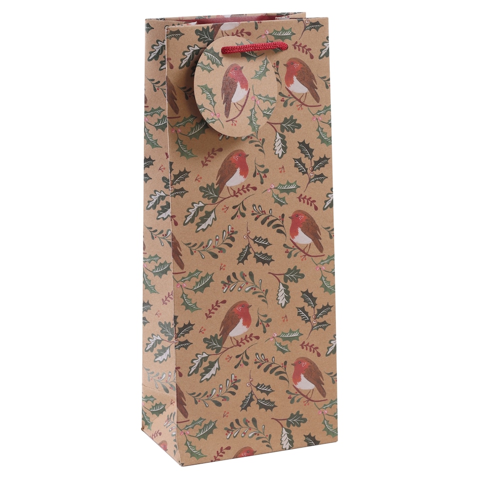 Tesco Kraft Robin Christmas Bottle Bag