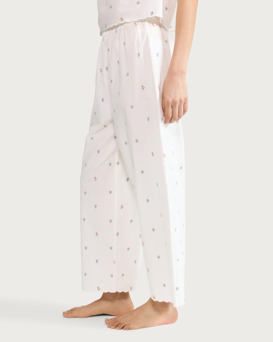 image 1 of The F&F Edit Pure Cotton Floral Embroidered Pyjama Bottoms in White