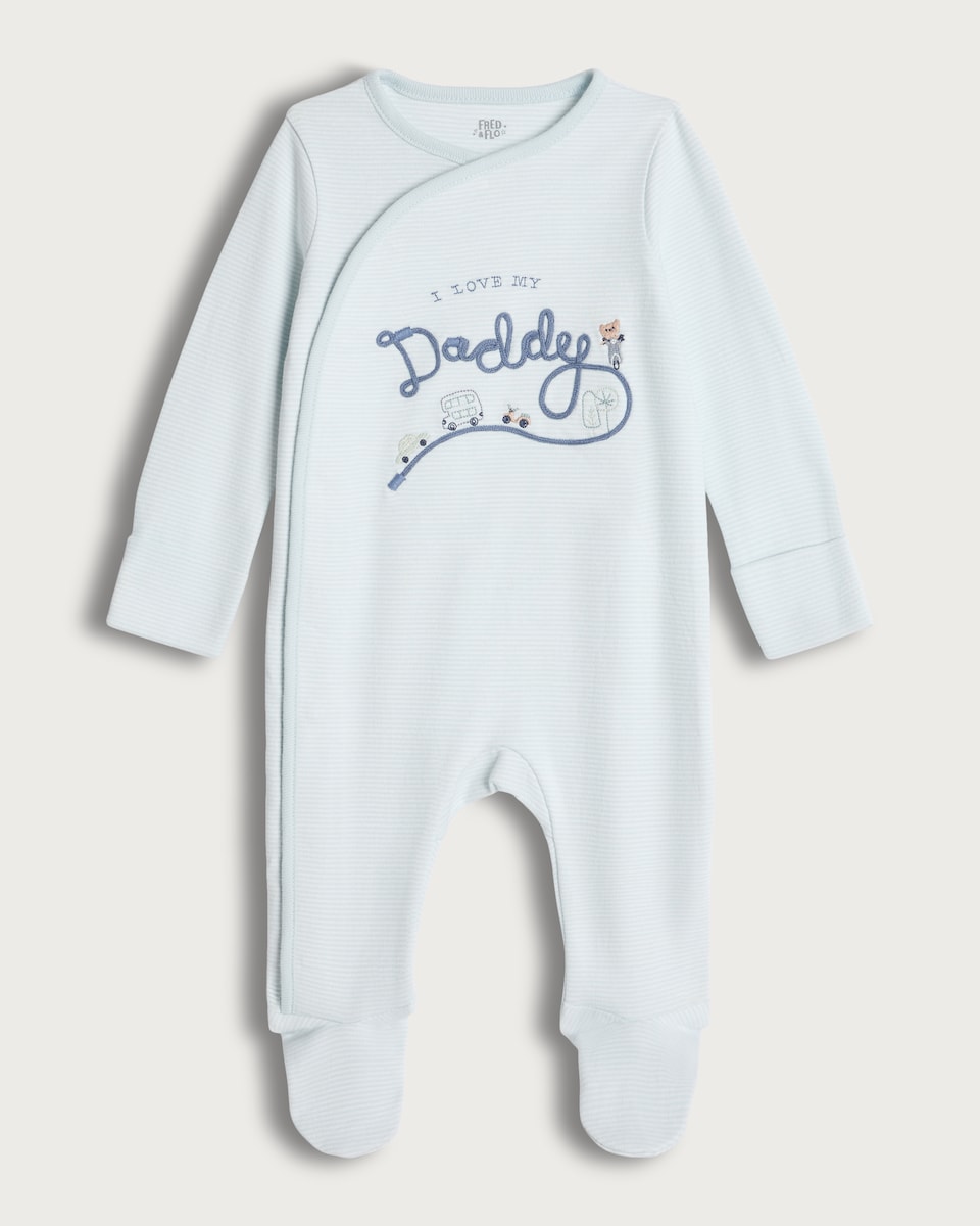 image 1 of F&F Baby Pure Cotton I Love My Daddy Baby Embroidered Sleepsuit in Blue