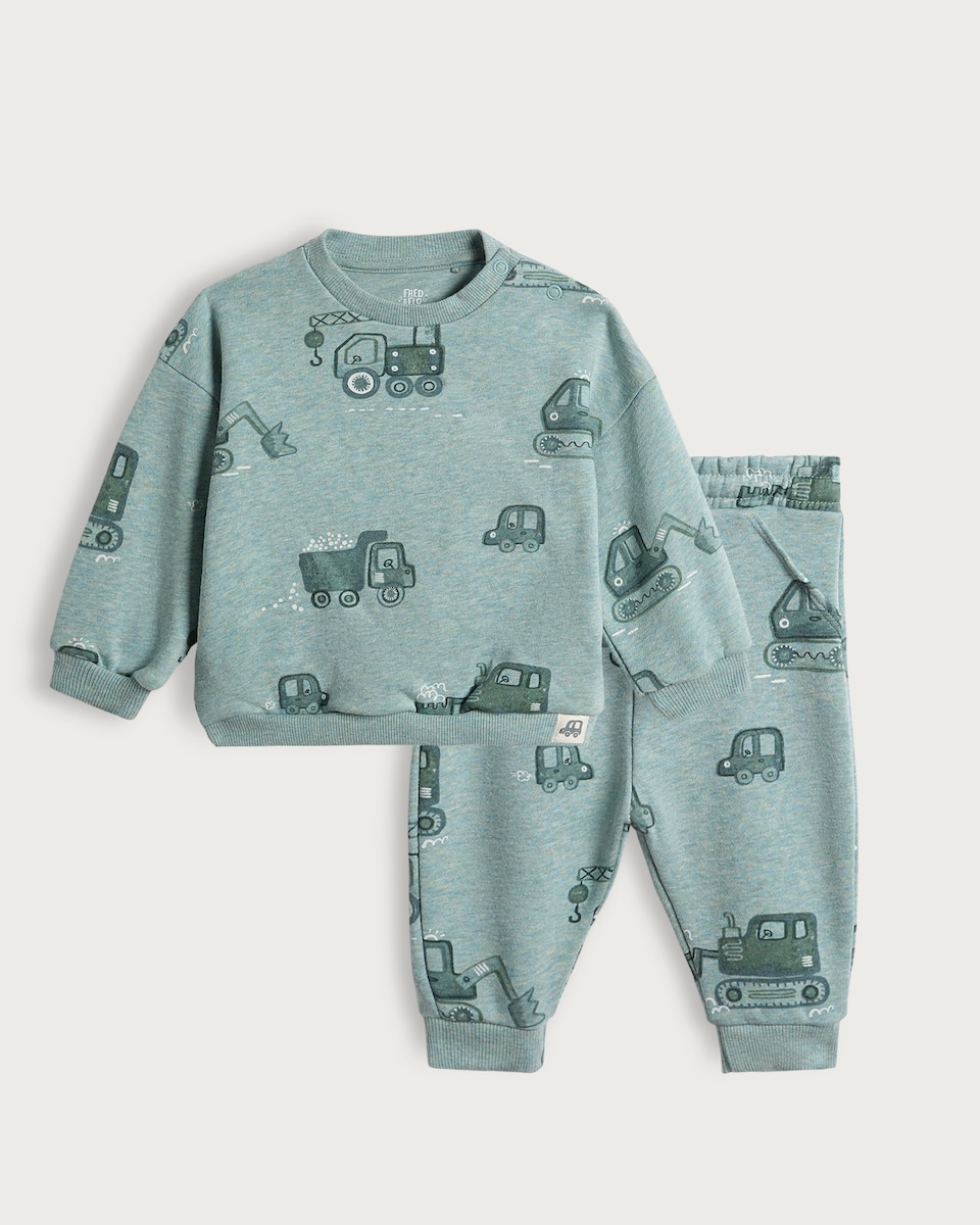 image 1 of F&F Baby 2-Piece Cotton Blend Digger Print Sweatshirt and Joggers Set in Mint