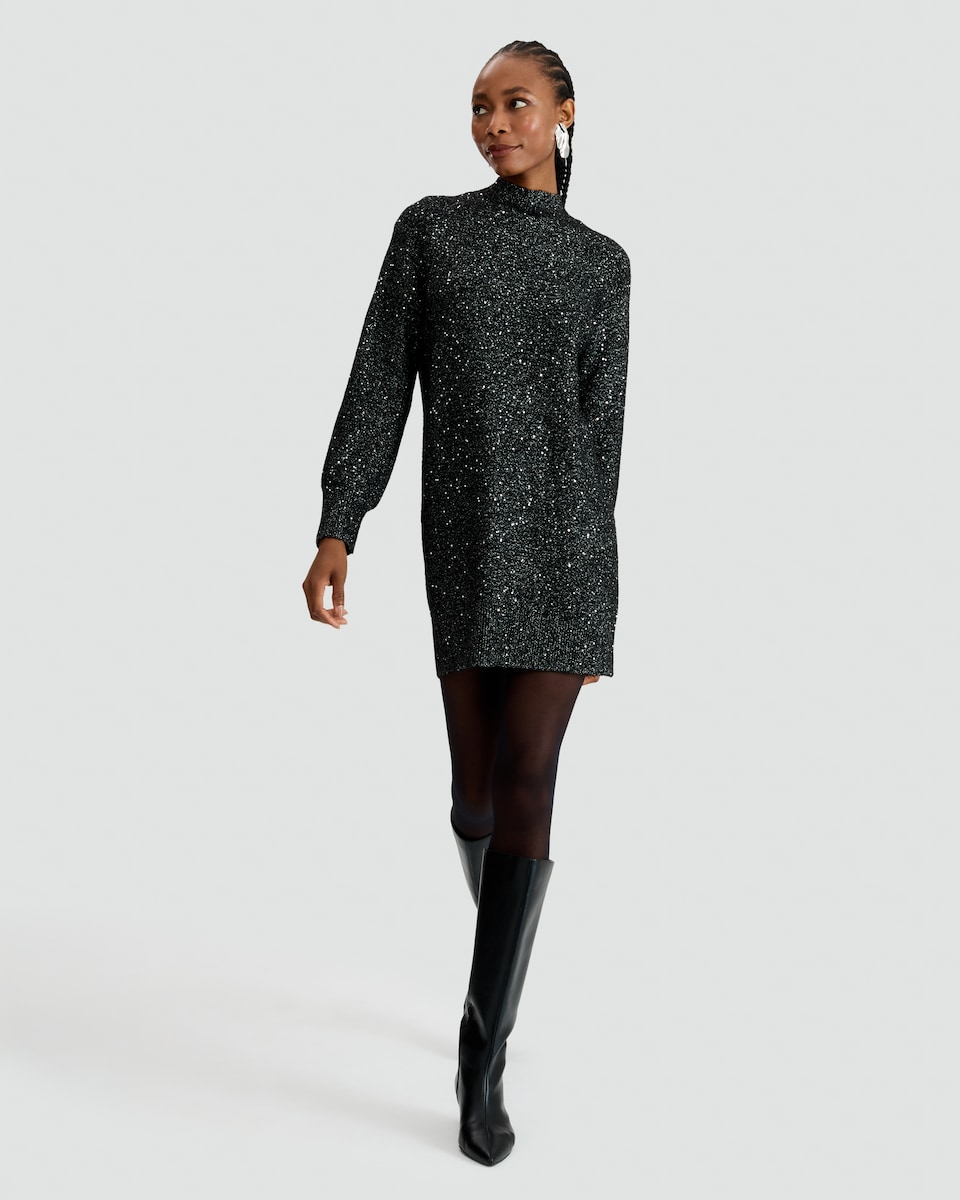 image 1 of F&F Sequin Embellished Knit High Neck Dress in Black