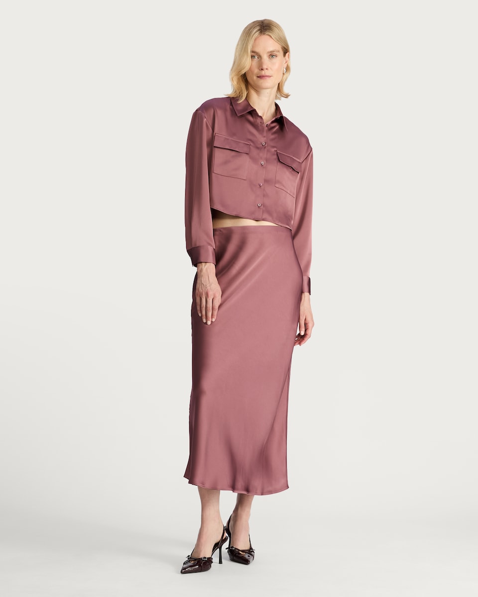image 1 of F&F Satin Pocket Detail Cropped Button Up Shirt in Pink