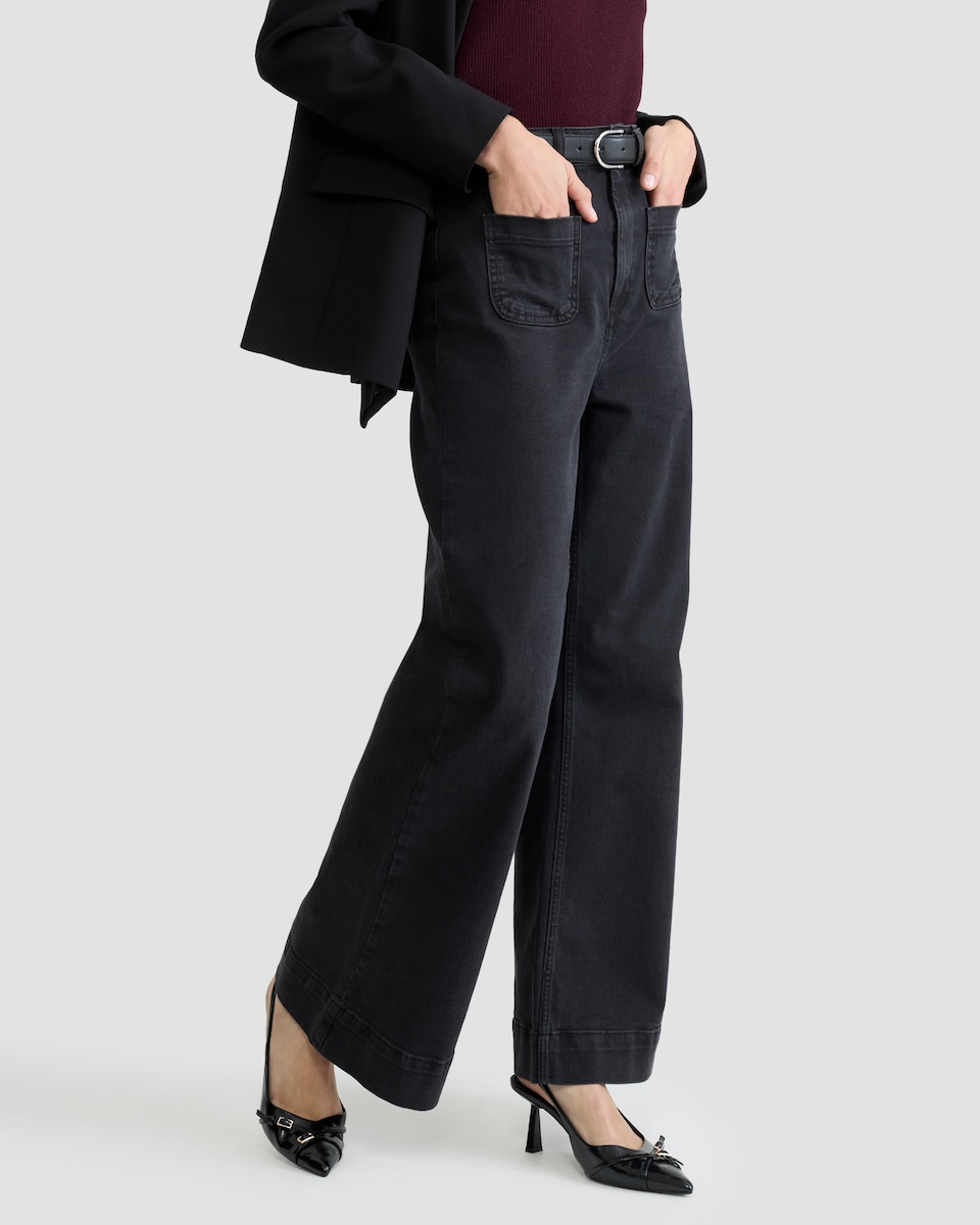 image 1 of F&F Cotton Rich Patch Pocket Flared Jeans in Black