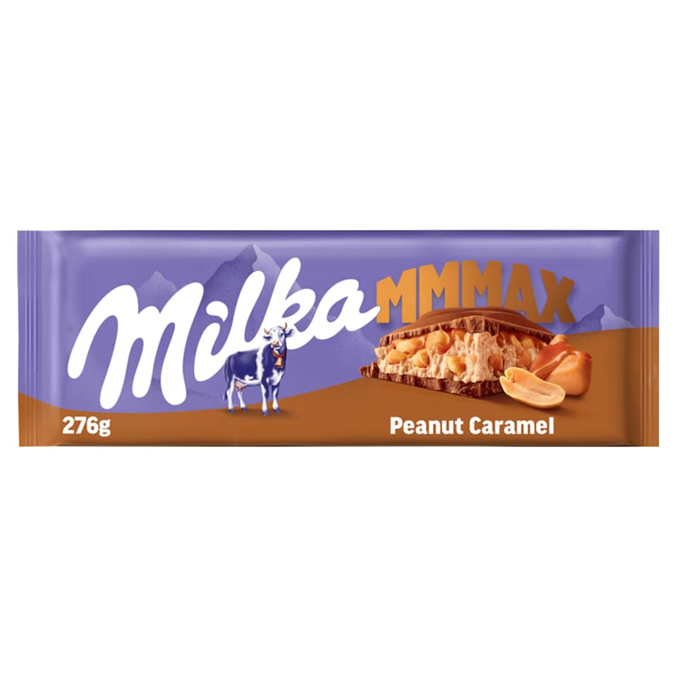 Milka Mmmax földimogyorós-karamellás alpesi tejcsokoládé földimogyoró darabokkal és rizzsel 276 g