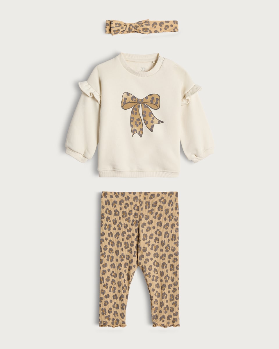 image 1 of F&F Baby 3-Piece Cotton Rich Leopard Print Sweatshirt, Legging and Headband Set in Sand