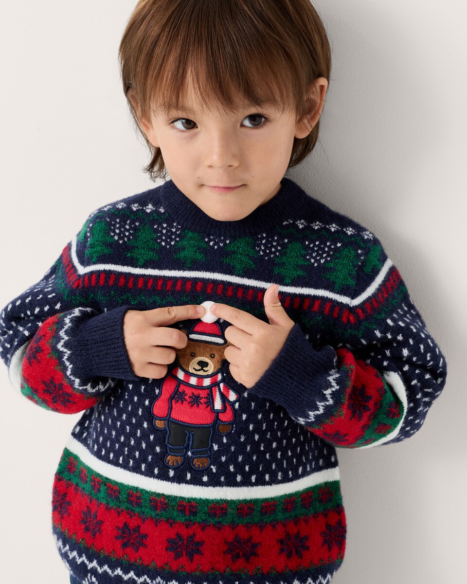 image 1 of Christmas Boys Fair Isle Bear Jumper in Navy