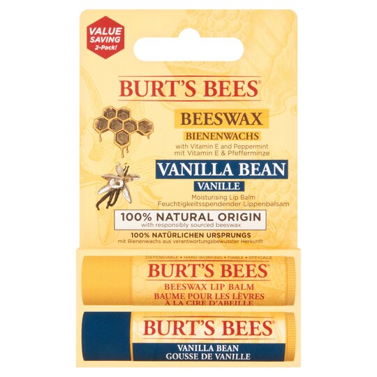 Burt's Bees 2 Pack 100 Natural Lip Balm Beeswax & Vanilla 8.5G Tesco