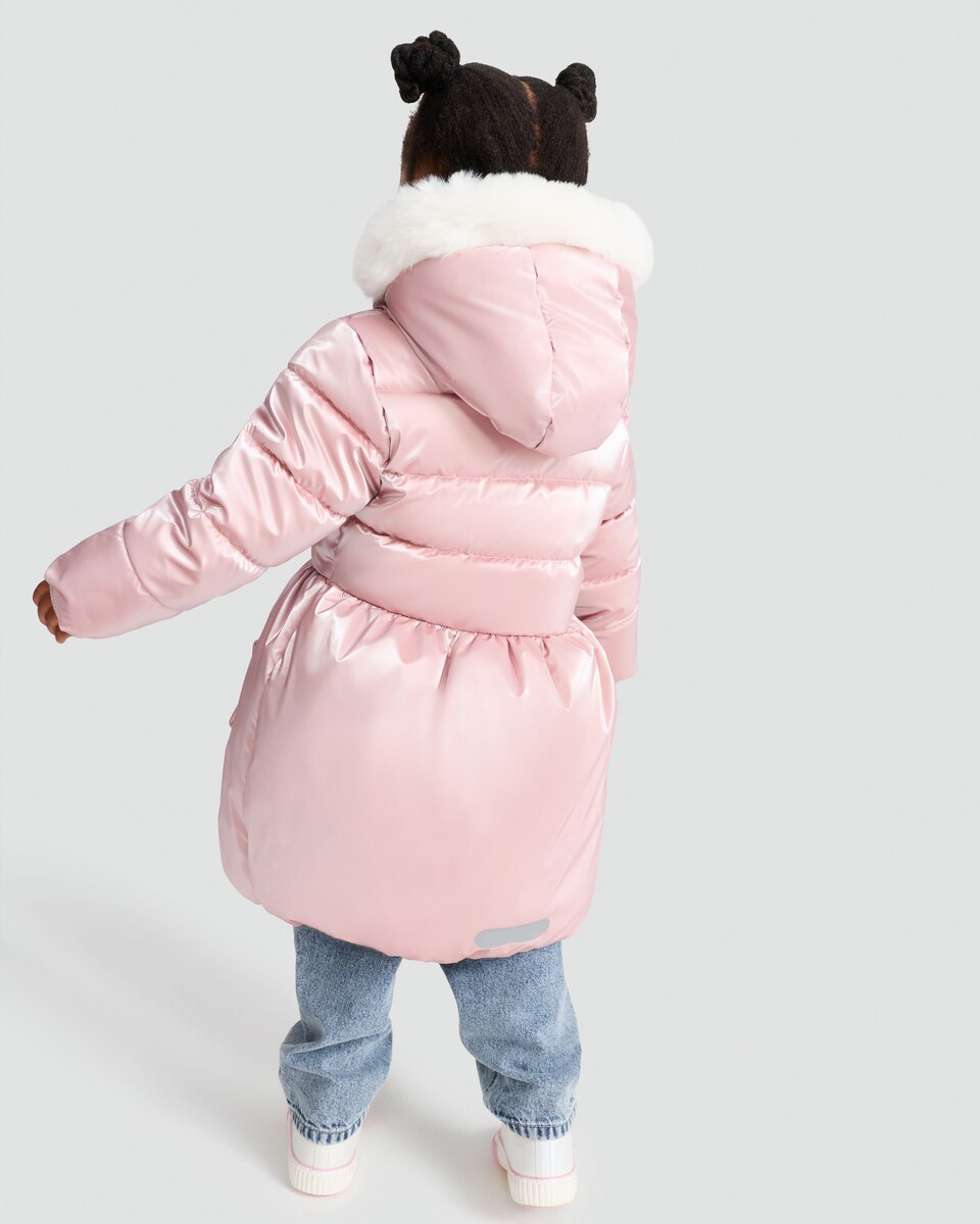 image 1 of F&F Girls Faux Fur Hood Bow Detail Longline Puffer Coat in Pink