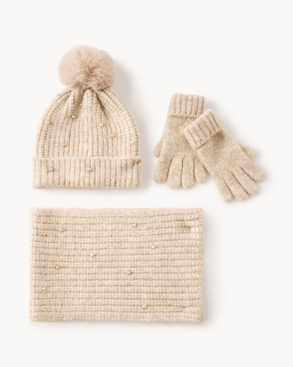 image 1 of F&F Girls Knitted Hat, Snood and Gloves Set in Neutral