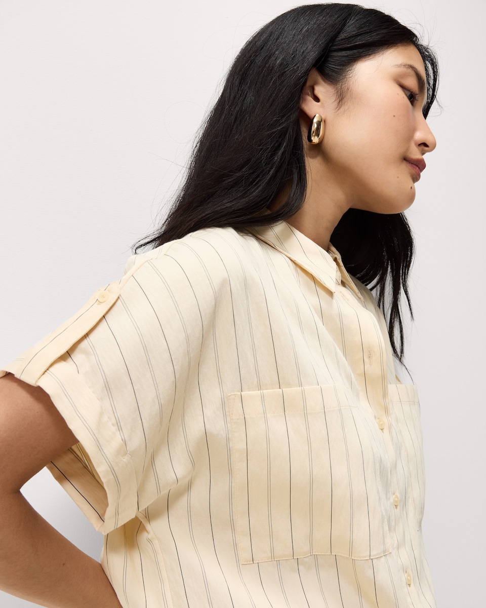 image 1 of F&F Modal Rich Pinstripe Short Sleeved Shirt in Cream
