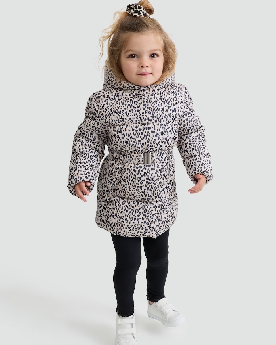 image 1 of F&F Girls Leopard Print Belted Hooded Puffer Coat in Multi Brown