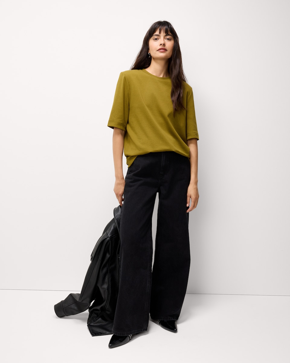 image 1 of F&F Cotton Rich Shoulder Pad T-Shirt in Olive