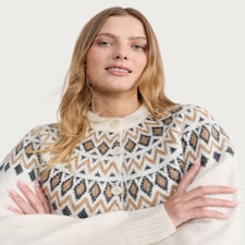 F&F Knitted Fair Isle Pattern Cardigan with Wool in Neutral