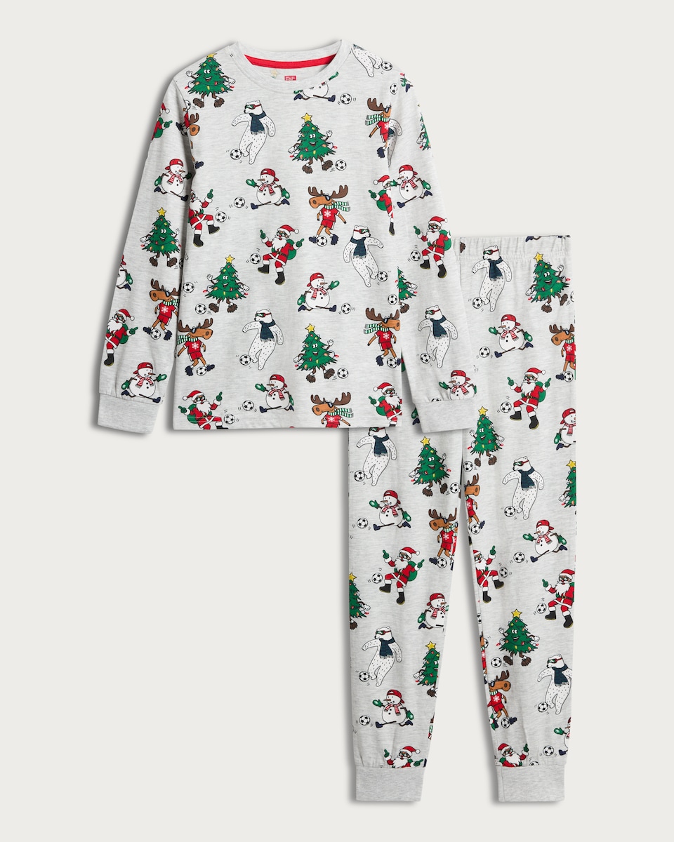 image 1 of F&F Boys Cotton Rich Festive Print Top and Cuffed Joggers Pyjamas in Grey Multi