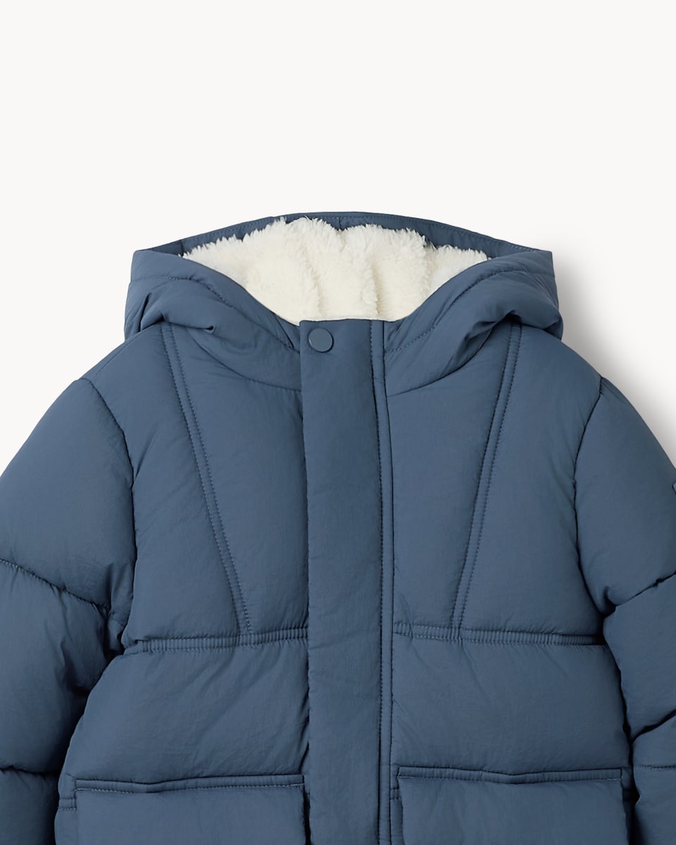 image 1 of F&F Boys Shower Resistant Longline Puffer Coat in Blue