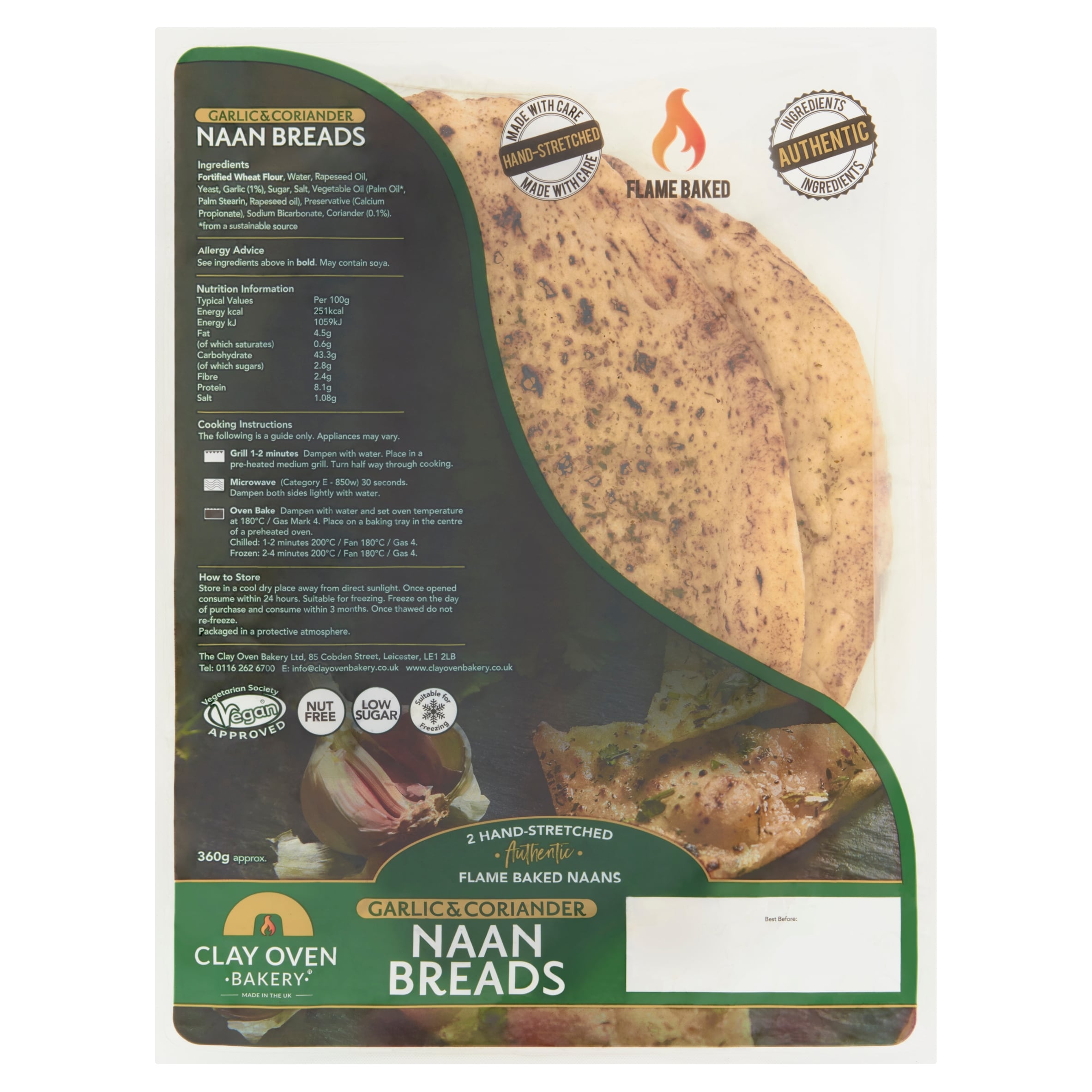 Clay Oven Bakery Hand Stretched Garlic & Coriander Naan Bread 2 Pack 360g