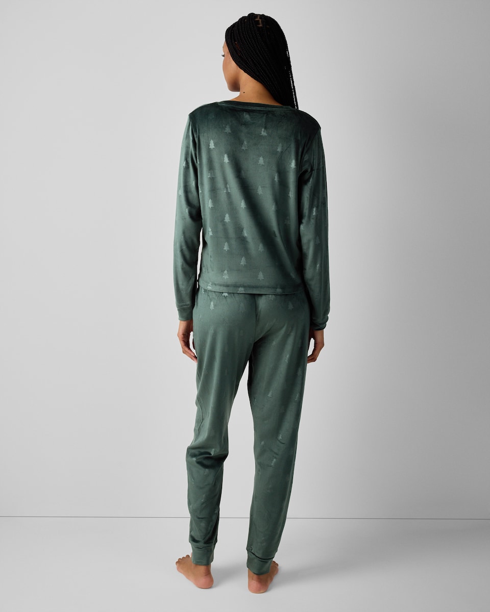 image 1 of Christmas Fleece Embossed Tree Pyjama Set in Green