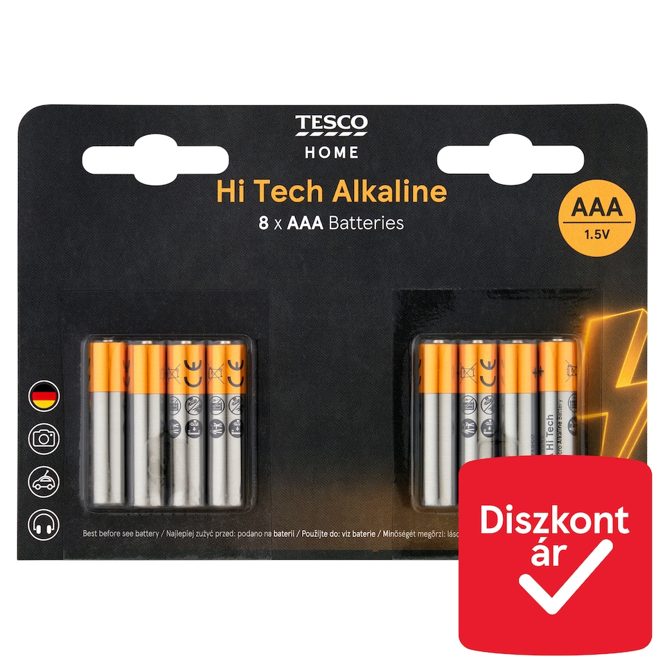 Tesco Home Hi Tech AAA LR03 1,5 V nagy teljesítményű alkáli elem 8 db