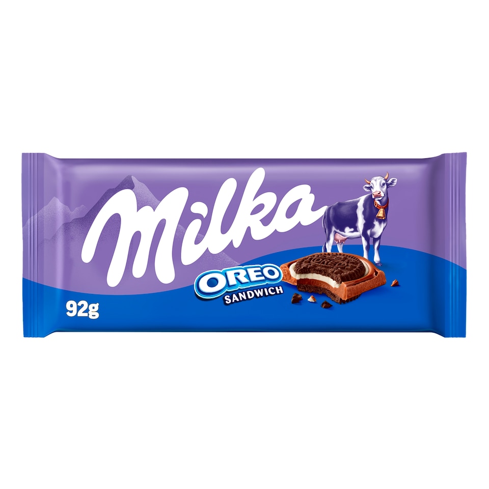 Obrázek 1 pro produkt Milka Oreo Sandwich mléčná čokoláda z alpského mléka s kakaovými sušenkami a mléčnou náplní 92 g