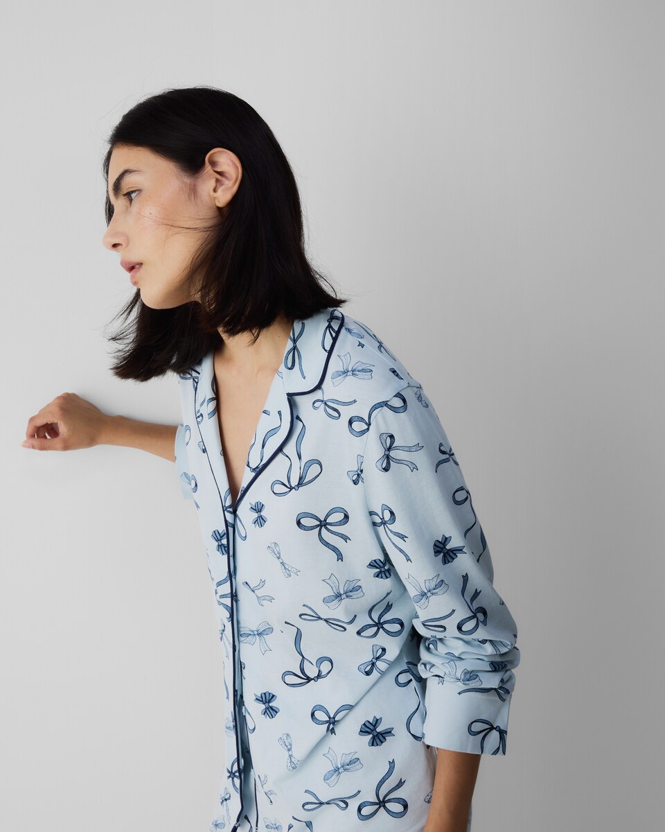 image 1 of F&F Pure Cotton Bow Pyjama Set in Multi Blue