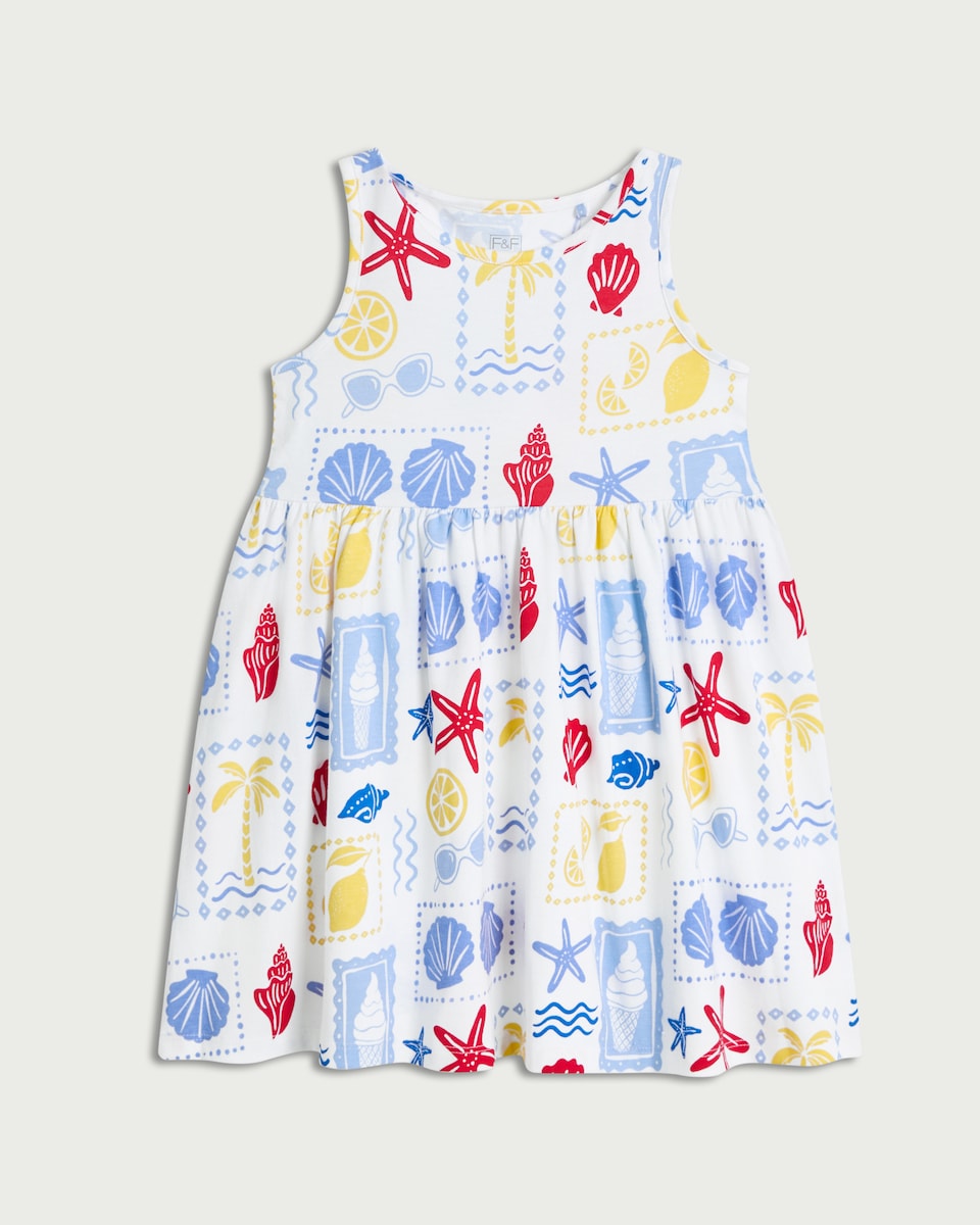 image 1 of F&F Girls Pure Cotton Sea Life Sleeveless Dress in Multi White
