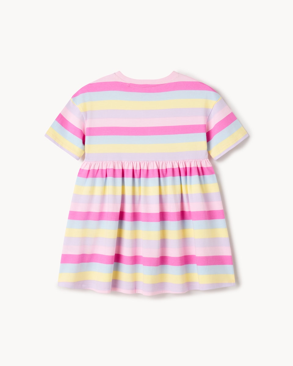 image 1 of F&F Girls Pure Cotton Rainbow Striped Dress in Multi Pink
