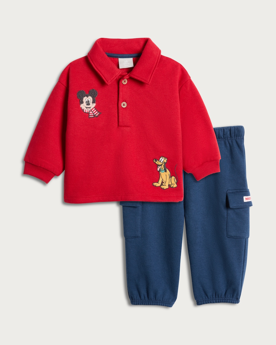 image 1 of Disney Mickey Mouse 2-Piece Cotton Rich Polo Sweatshirt and Cargo Joggers Set in Red