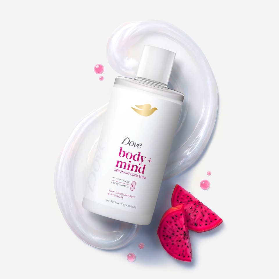 image 1 of Dove Body + Mind Pink Dragonfruit & Primrose Serum Infused Bath Soak 400ml