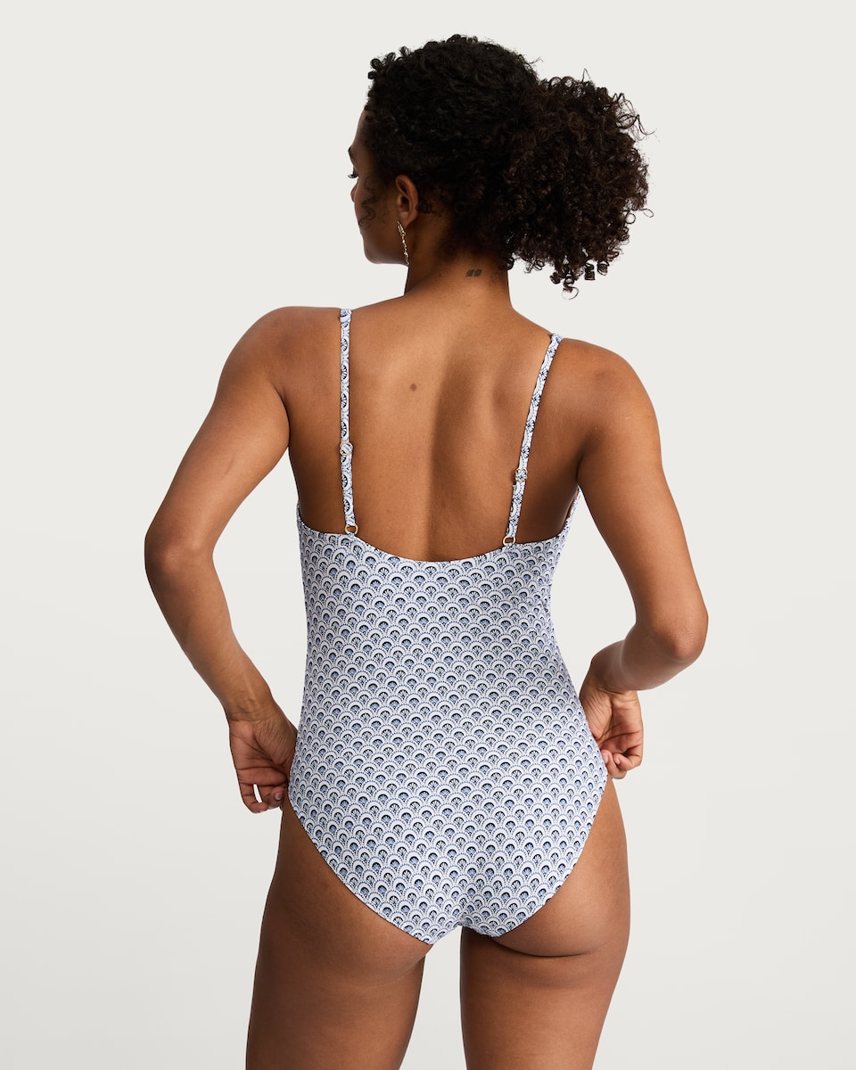 image 1 of F&F Geometric Print Plunge Swimsuit in Blue