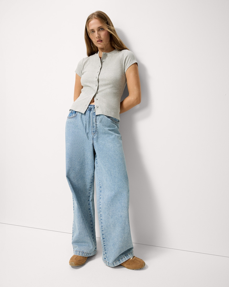 image 1 of F&F Cotton Rich Ribbed Button Up Top in Grey