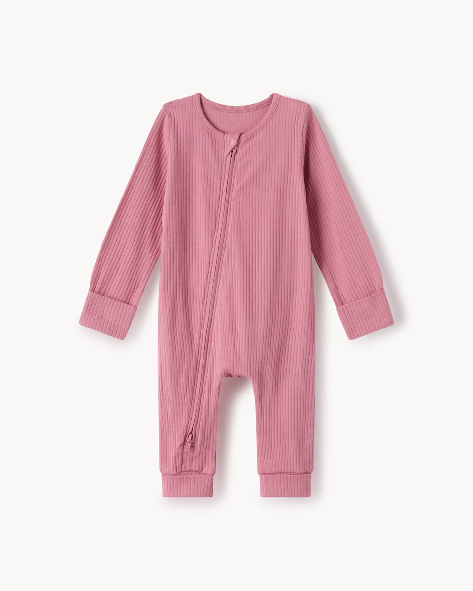 image 1 of F&F Baby 3-Pack Baby Ribbed Long Sleeved Sleepsuits in Pink