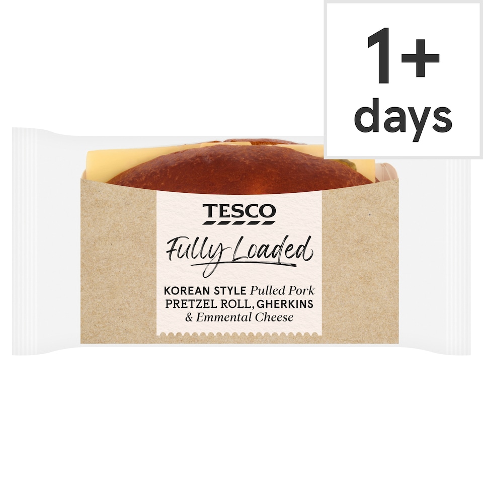 Tesco Fully Loaded Korean Style Pulled Pork Pretzel Roll, Gherkins and Emmental Cheese 
