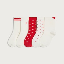 F&F Girls 5-Pack Cotton Rich Heart Print Ankle Socks in Multi