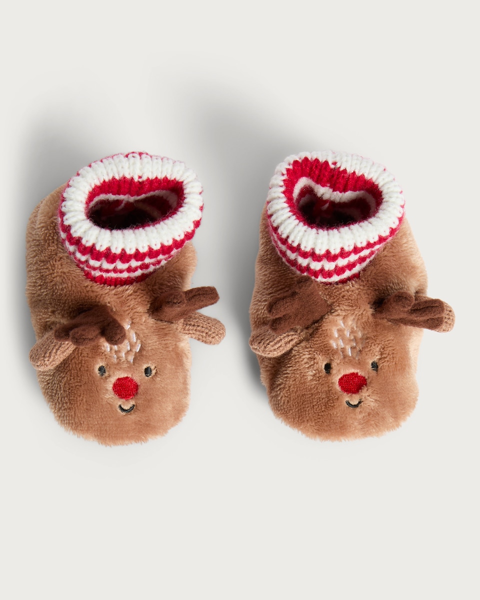 image 1 of F&F Baby Fleece Reindeer Ribbed Booties in Multi