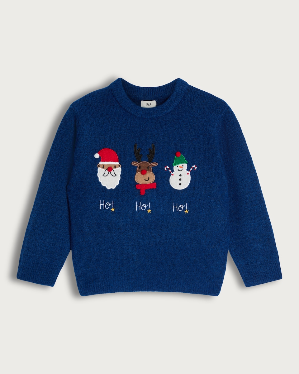 image 1 of F&F Boys Knitted Santa, Reindeer and Snowman Print Jumper in Blue