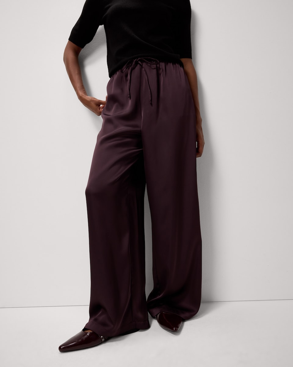 image 1 of F&F Satin Wide Leg Trousers in Burgundy